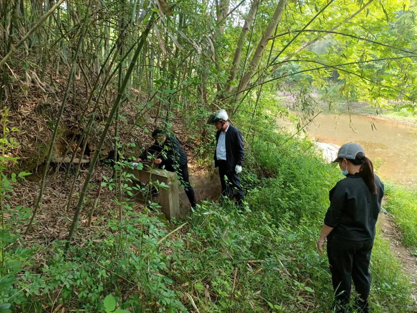 圖為青城村兩委排查穿堤涵閘<div   id=